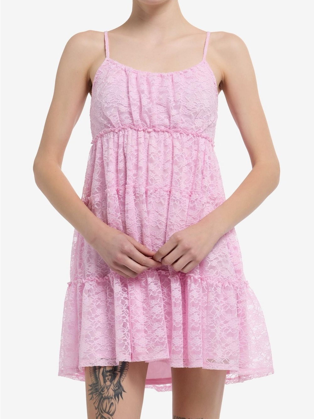 Hot Topic Bubble Gum Pink Lace Tiered Babydoll Dress